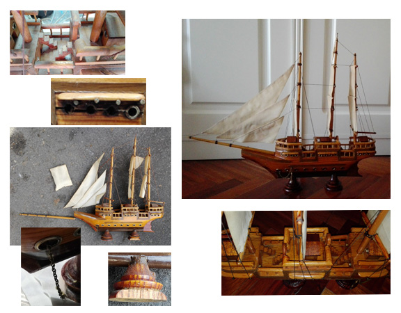 Maqueta de barco; madera, pergamino y metal 